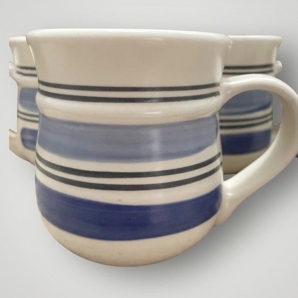 Pfaltzgraff Stoneware Striped Mugs Set 4 Blue White Rustic Farmhouse Coffee Cups - Picture 6 of 7